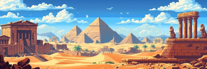 Foto op Canvas A desert scene with the pyramids of Giza in the background. The sky is blue and the sun is shining © kiimoshi