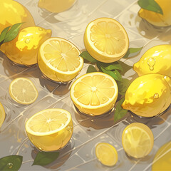 Overhead Shot of Lemons with visible Water Drops. Close up. AI generated image - obrazy, fototapety, plakaty
