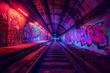 : A forgotten subway tunnel adorned with fluorescent graffiti. The train tracks vanish into the...