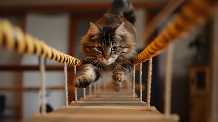 Cat running on a suspension bridge - obrazy, fototapety, plakaty