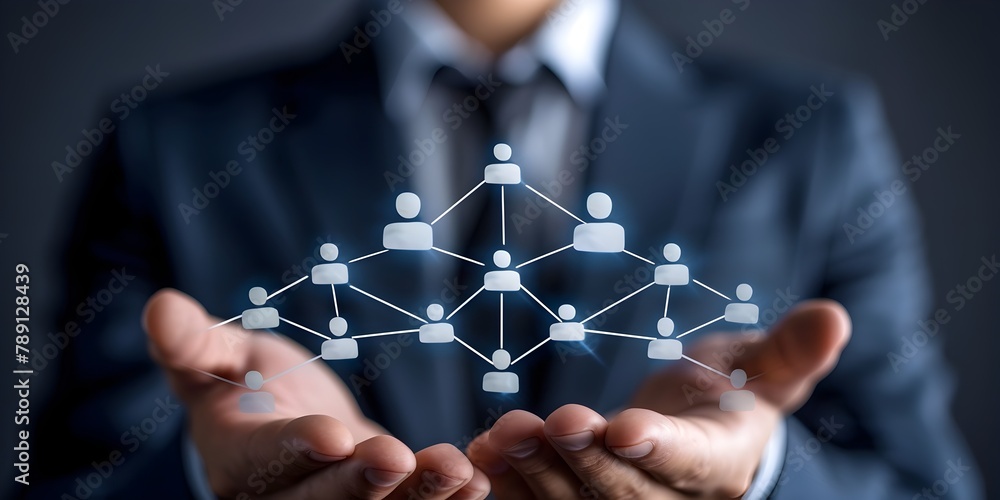 Poster executive commanding a connected workforce with network diagram visualization