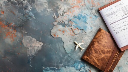 Passport with boarding pass and calendar on stone texture background Tourism and travel concept Top view Flat lay : Generative AI