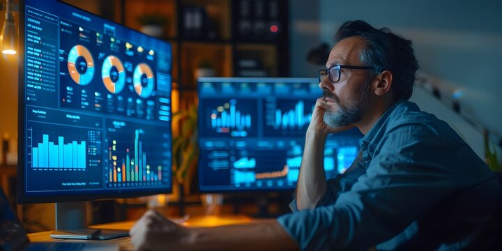 Executive Monitoring Remote Workforce Efficiency on Digital Analytics Dashboard in Office
