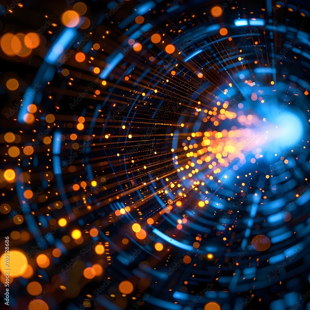 Poster pulsating fiber optic lights within quantum computing hub showcasing speed and future technology
