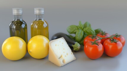 Food ingredients on table olive oil, lemons, cheese, tomatoes, eggplant, basil - obrazy, fototapety, plakaty