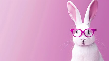 Charming fluffy bunny sporting glasses on studio set, providing a perfect spot for text placement
