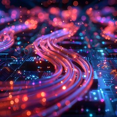 Futuristic Quantum Chipset Connected by Shimmering Fiber Optic Cables Representing Ultra Fast Data Exchange and Digital Network