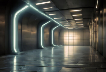 Tiled Concrete Grunge Led White Garage Hallway Underground 3D Glowing Tunnel Floor Fi Blue Futuristic Lights Rendering Sci Windows Reflective three-dimensional abstract architectural