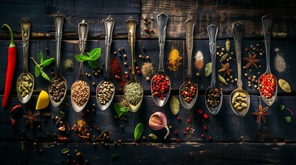 From above flat lay showcasing a variety of spices and seeds in spoons on a dark wooden surface including sunflower seeds anise stars rosemary mint lemon and various colorful peppers a : Generative AI