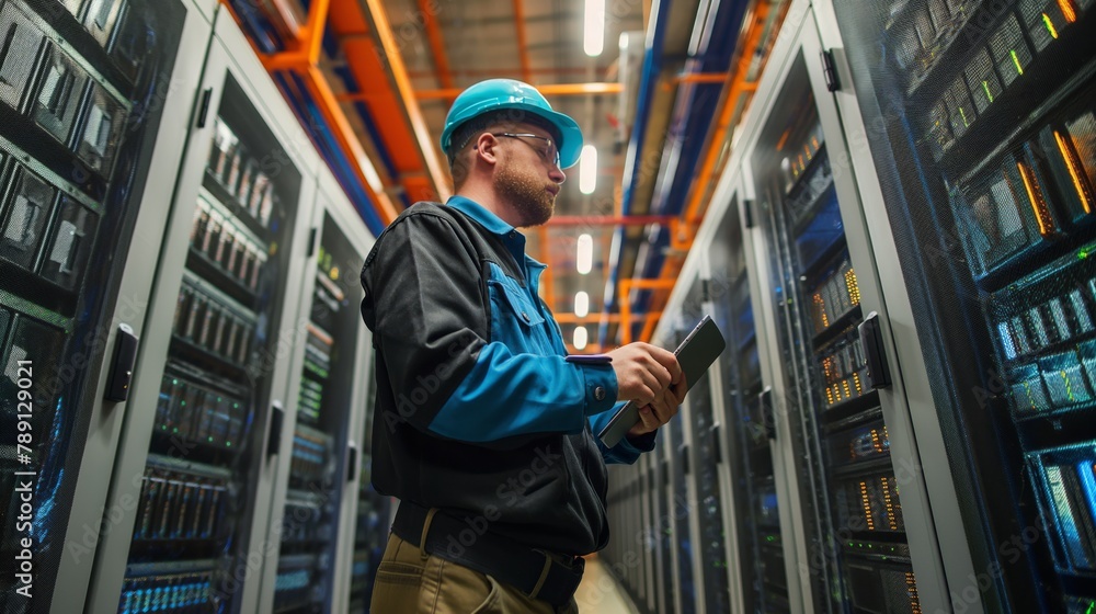 Poster A data security professional in a data center is responsible for developing and implementing strict information security measures, guaranteeing data confidentiality and integrity.
