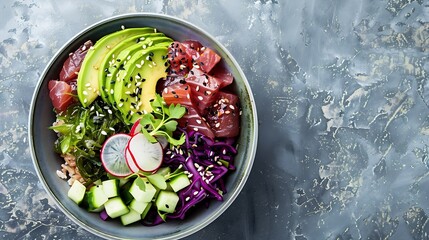 Tuna poke bowl with avocado cucumbers wakame radish and purple cabbage a healthy Hawaiian dish with rice overhead flat lay shot : Generative AI