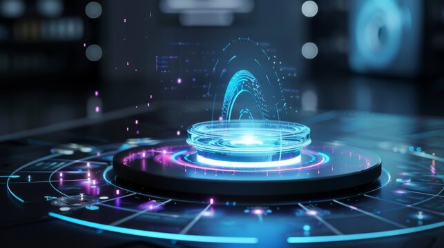 Futuristic hologram technology with spinning interface in a modern laboratory
