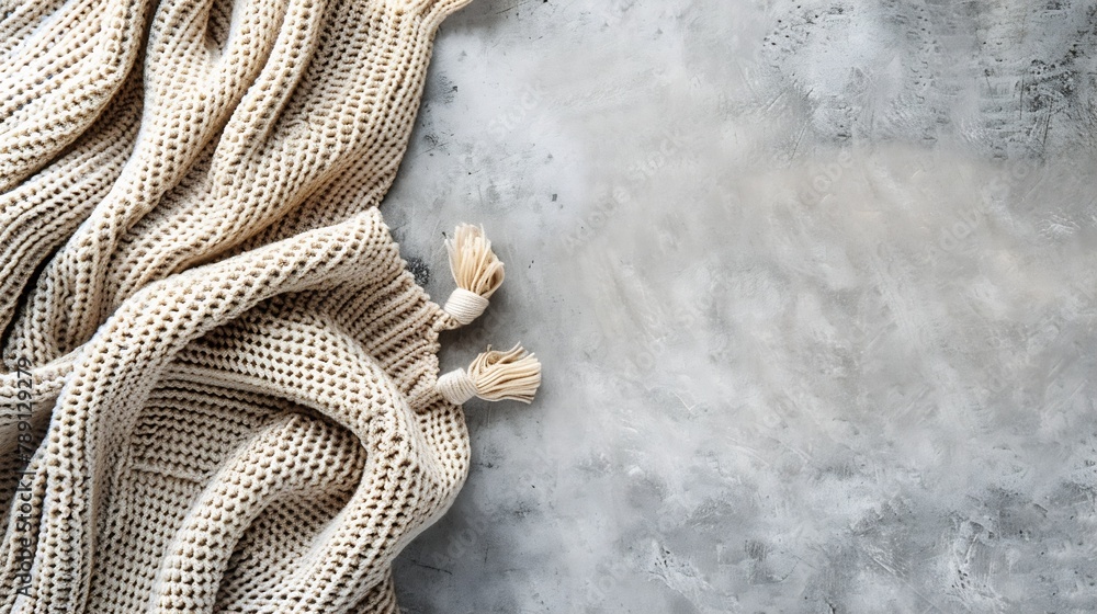 Aufkleber beige knitted blanket on gray concrete background with copy spaceautumn winter conceptflat lay top v