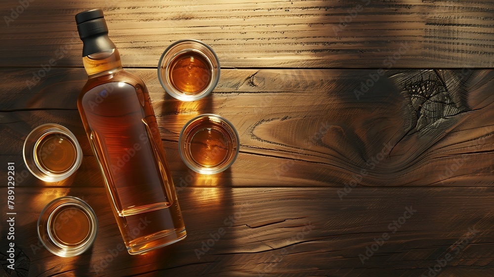 Poster scotch whiskey bottle and glasses on wooden table with copy space top view flat lay : generative ai