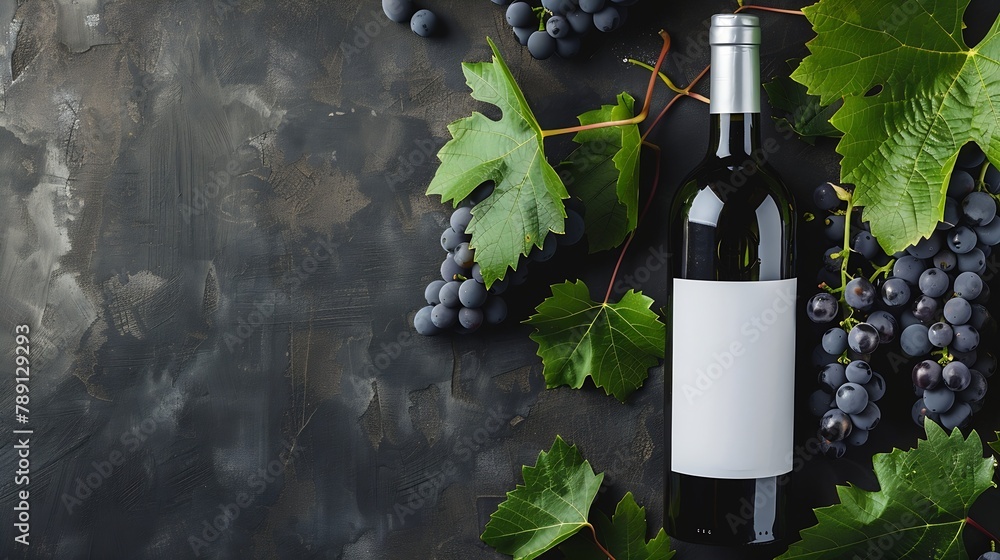 Poster red wine bottle with white label mockup with bunch of primitivo grape green fall grapes leaves conce