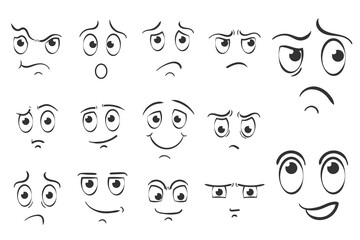 PNG, Different facial expressions in doodle style. Set of cartoon face emotions on white...
