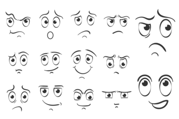 PNG, Different facial expressions in doodle style. Set of cartoon face emotions on white background. Expressive eyes and mouth, smiling, crying and surprised character face expressions.