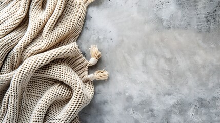 Beige knitted blanket on gray concrete background with copy spaceAutumn winter  conceptFlat lay top...