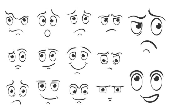 PNG, Different facial expressions in doodle style. Set of cartoon face emotions on white background. Expressive eyes and mouth, smiling, crying and surprised character face expressions. - Powered by Adobe