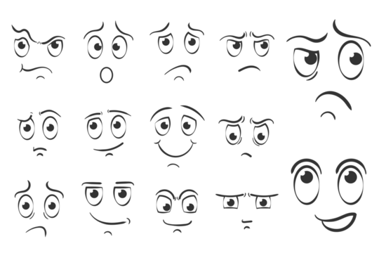PNG, Different facial expressions in doodle style. Set of cartoon face emotions on white background. Expressive eyes and mouth, smiling, crying and surprised character face expressions.