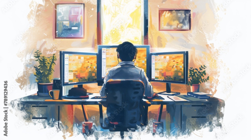 Aufkleber an it support professional troubleshooting from a sparse, well-lit home setup, using dual monitors, 