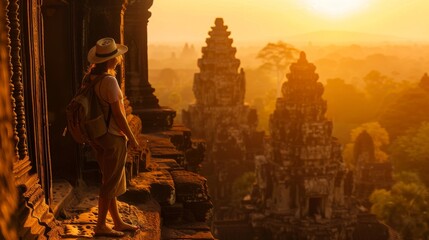 Naklejka premium An Italian woman exploring the ancient temples of Southeast Asia, her figure illuminated by the golden hour sunlight, capturing the essence of adventure and cultural richness.