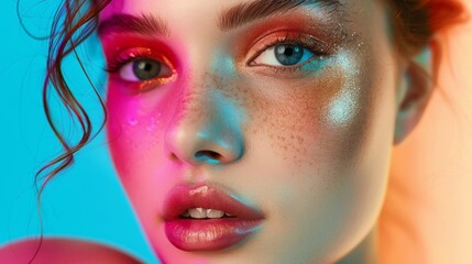 Vibrant beauty portrait with glitter makeup and a bold color palette
