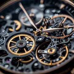 intricate, wristwatch, mechanism, revealing, gears, escapement, tourbillon, sleek, black, background, timepiece, detail, precision, craftsmanship - obrazy, fototapety, plakaty