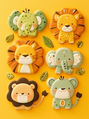 Jungle safari animal cookies, iced in vivid colors to bring to life lions, elephants, and monkeys for kids - obrazy, fototapety, plakaty