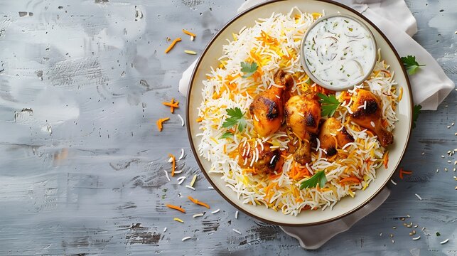 Pakistani food  biryani rice with chicken and raita yoghurt dip Delicious hyberabadi chicken biryani on gray wooden background Top view or flat lay Copy space Vertical : Generative AI