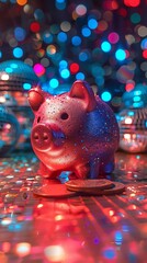 Sparkling piggy bank and coins on a disco floor, with a vibrant, dance party background - obrazy, fototapety, plakaty