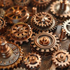 Steampunkinspired workshop filled with vintage brass and copper gears - obrazy, fototapety, plakaty