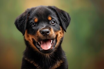 Rottweiler puppy, friendly smile, earthy green background - obrazy, fototapety, plakaty