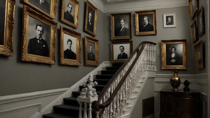 A staircase wall elegantly lined with black-and-white ancestral portraits in ornate, gold-leaf frames Generative AI - obrazy, fototapety, plakaty