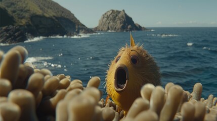 blowfish yawning on the beach, open mouth 