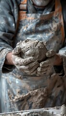 Sculptor in studio wear, clay on hands, artistic smile, stone gray background - obrazy, fototapety, plakaty