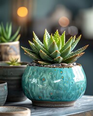 Succulent aloe plants foregrounding a serene desert oasis, aligning with spa healing themes - obrazy, fototapety, plakaty