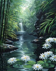 Tranquil scene of bamboo and subtle flowers beside a gently flowing brook, echoing spa tranquility - obrazy, fototapety, plakaty