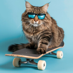 funny fluffy cat feline portrait with sunglasses on a skateboard - by generative ai
