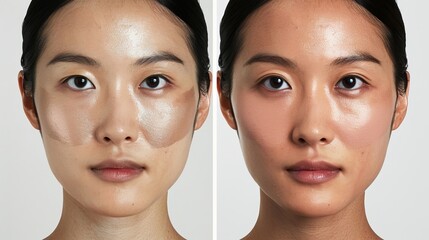 Before and after foundation application: showcasing smooth, natural-looking skin transformation on an Asian woman