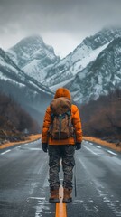 Worker in rugged attire, back to us, on a deserted highway stretching towards a dramatic mountain range - obrazy, fototapety, plakaty