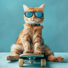 funny cat feline portrait with sunglasses on a skateboard - by generative ai