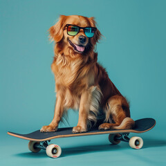 funny dog portrait with sunglasses on a skateboard - by generative ai