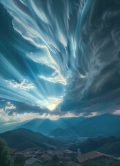 clouds over the mountains sunlight ray panorama landscape - by generative ai