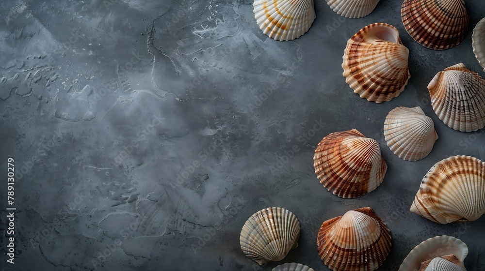 Poster sea shells on gray background summer concept flat lay top view copy space : generative ai