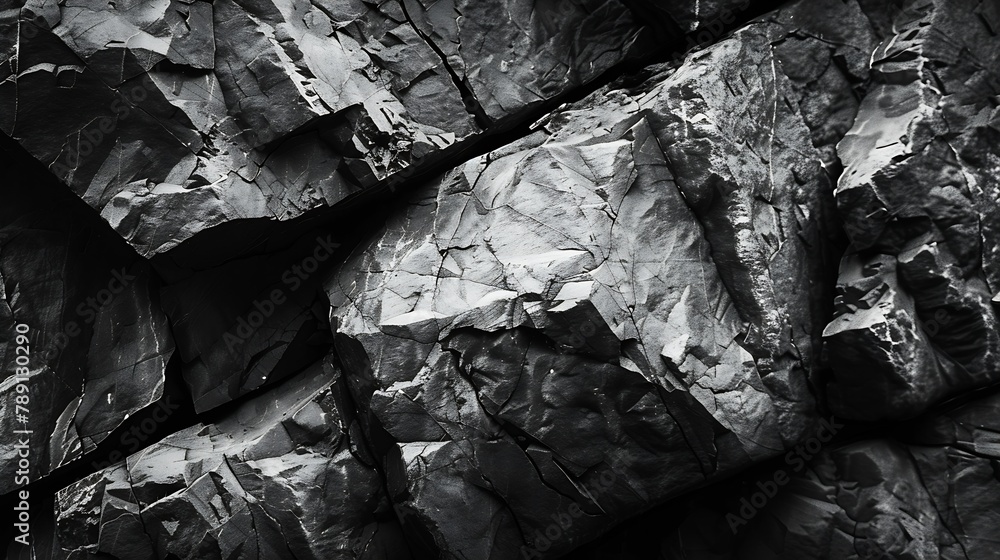 Aufkleber Black white rock texture Mountain surface Closeup Gray stone background with copy space for design Wide banner Panoramic : Generative AI