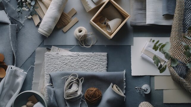 Flat lay of creative architect moodboard composition with samples of building textile and natural materials and personal accessories Top view grey background template : Generative AI