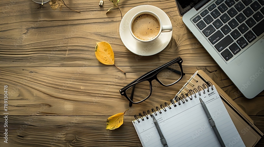 Aufkleber Top view above of Wooden office desk table with keyboard coffee cup and notebook glasses with equipment office supplies Business and finance concept Workplace Flat lay with blank copy  : Generative AI