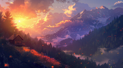 sunset in the mountains panorama landscape valley sky nature - by generative ai