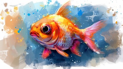illustration of a goldfish swimming in aquarium, close up, painting